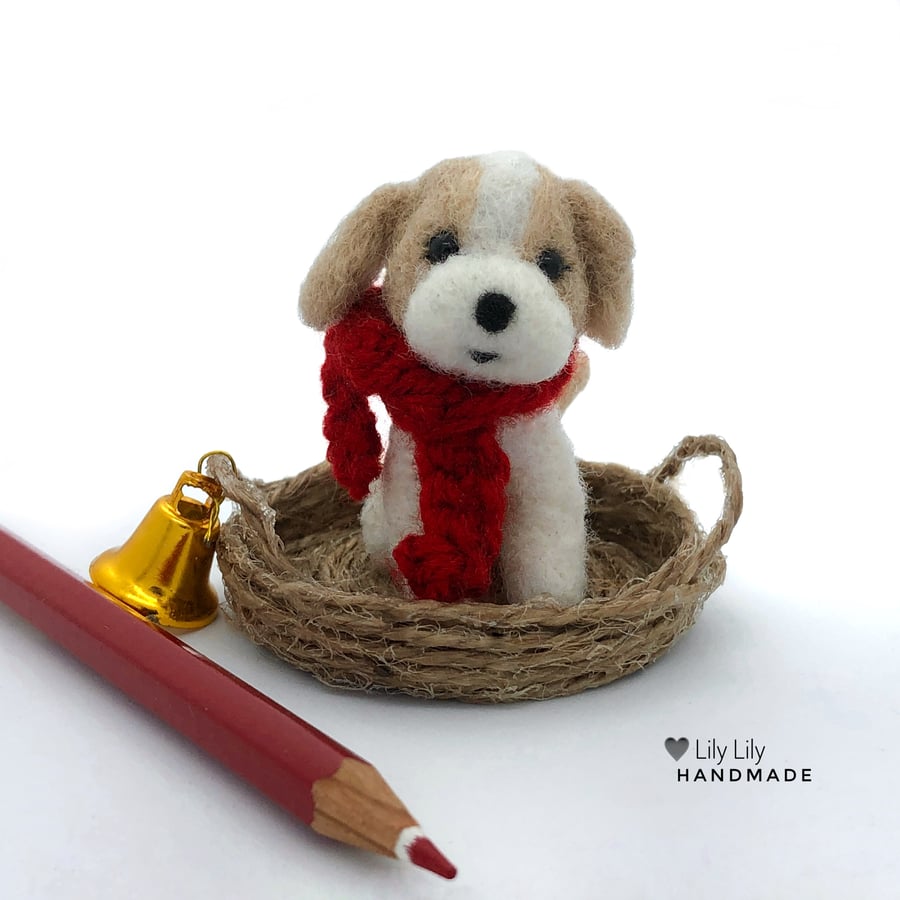 Miniature Puppy dog in wicker dog basket, needle felted by Lily Lily Handmade