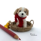 Miniature Puppy dog in wicker dog basket, needle felted by Lily Lily Handmade