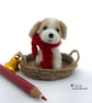 Miniature Puppy dog in wicker dog basket, needle felted by Lily Lily Handmade
