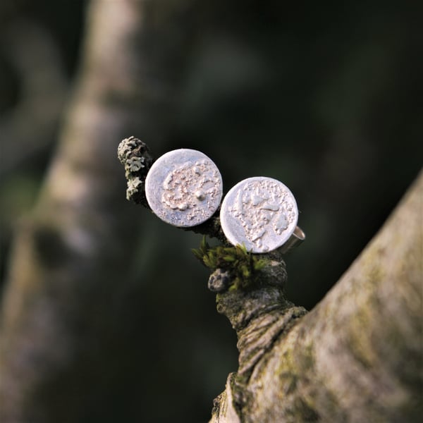 Eco Silver Textured Round Moon Stud Earrings