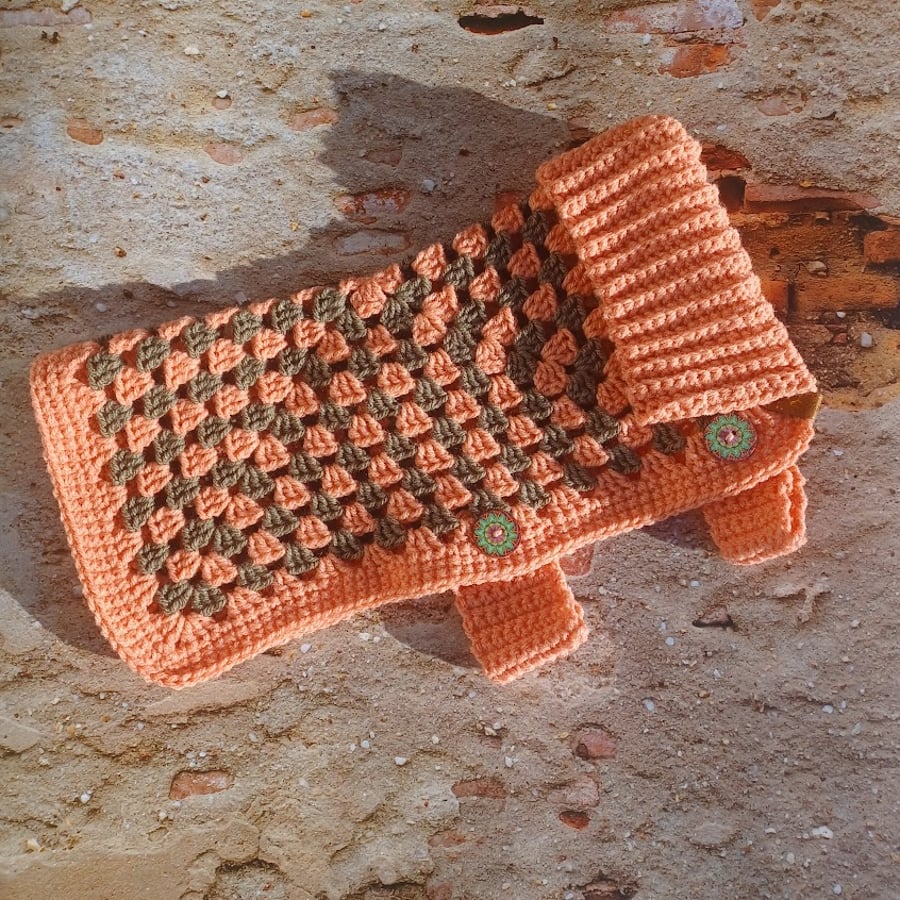 Crochet coat for small dog, orange grey granny square pet jacket