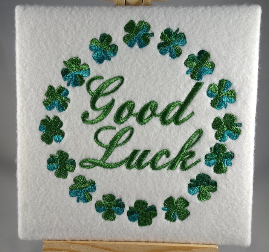 Handmade good luck shamrock greetings card embroidered design