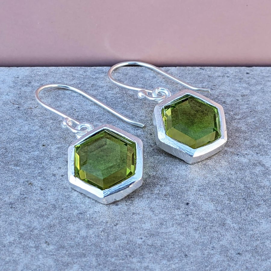 Peridot Hexagon Silver Drops. Dangle green earrings for women. August Birthstone