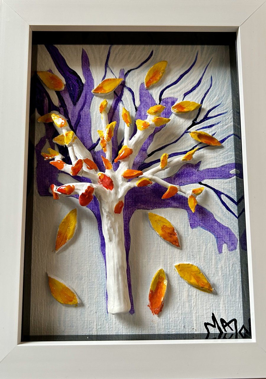 Tree with falling leaves clay art, framed artwork for home or office decor 