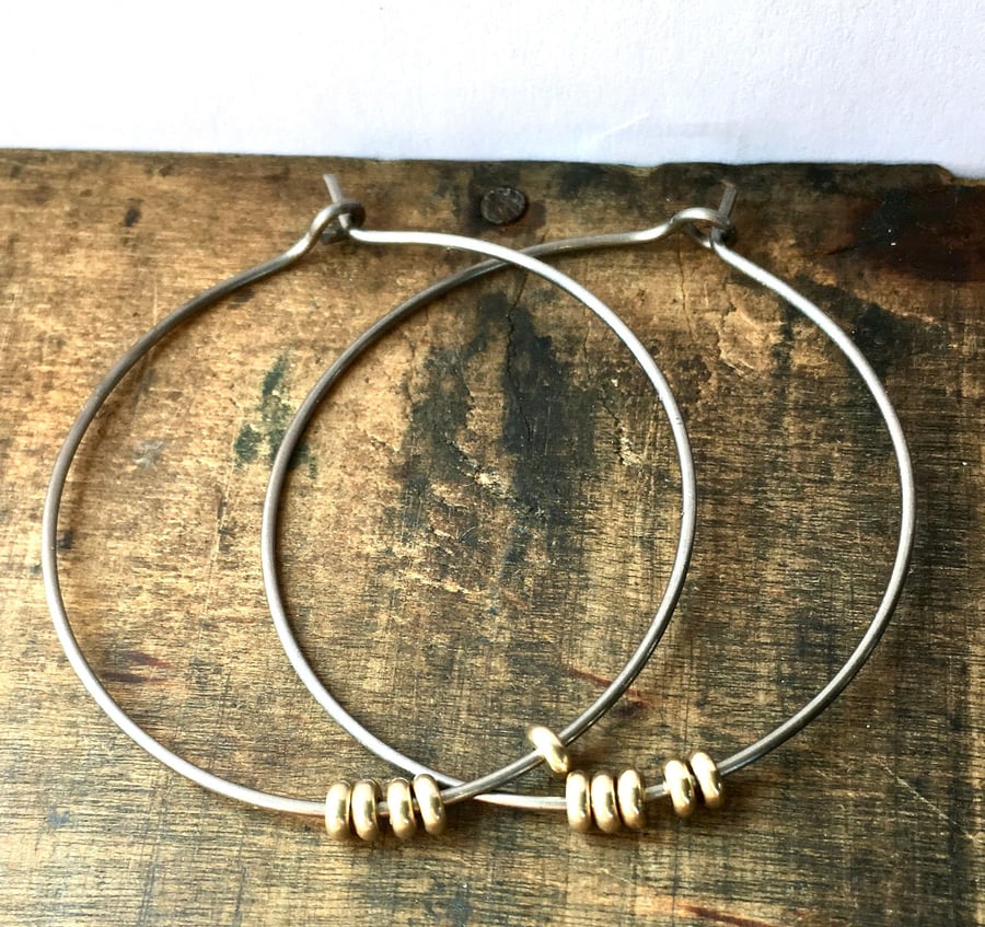 Sterling Silver or Hypo Allegenic Titanium Hoops with Golden Brass Beads 