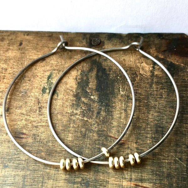 Sterling Silver or Hypo Allegenic Titanium Hoops with Golden Brass Beads 