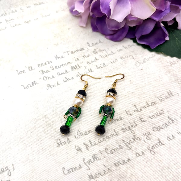 Emerald green crystal nutcracker soldier dangle earrings diamante festive gifts