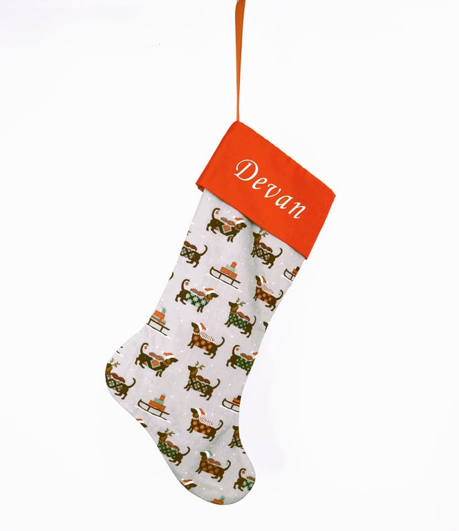 Adorable Dachshund Print Christmas Stocking with Free personalisation