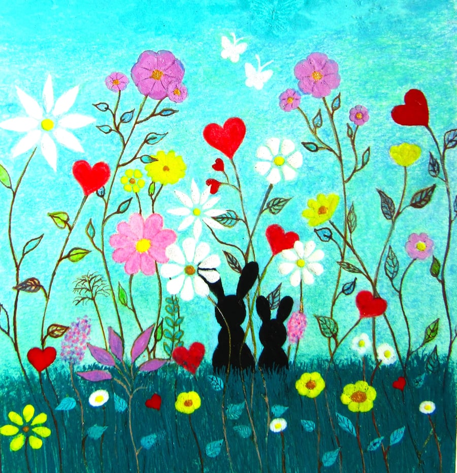 Rabbits Flowers Card, Easter Art, Spring, Blank Birthday Cards, Daughter Mother