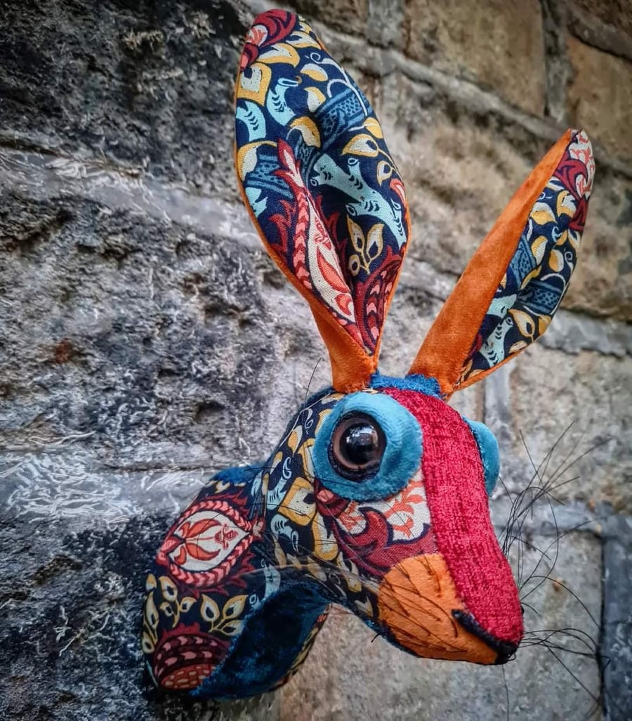 Faux hare head wall mount in William Morris fabric