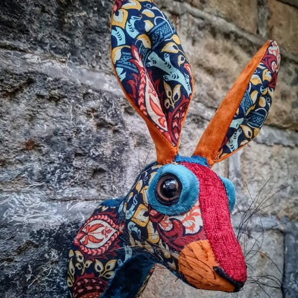 Faux hare head wall mount in William Morris fabric