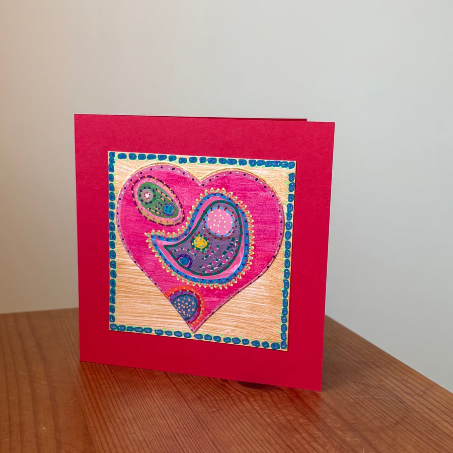 Hand painted collage card - ‘Paisley Heart No.3’