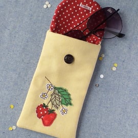 Glasses Case with Embroidered Strawberries