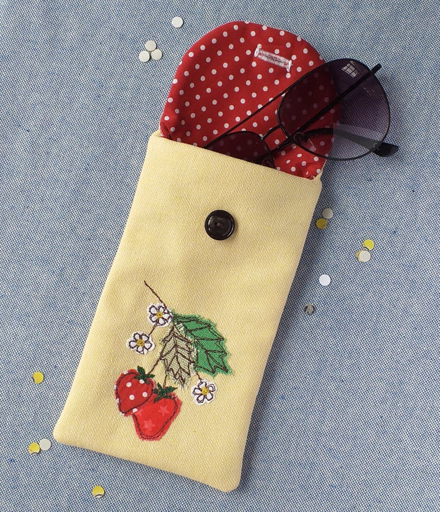 Glasses Case with Embroidered Strawberries