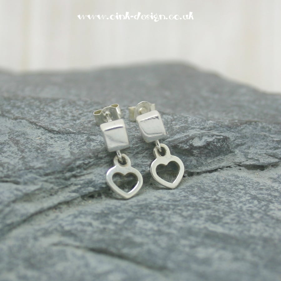  Sterling silver cube stud earrings with a hanging heart