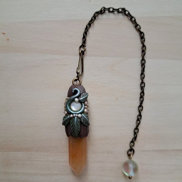 Golden Quartz and Mother of Pearl with Polymer Clay Dowsing Pendulum Amulet