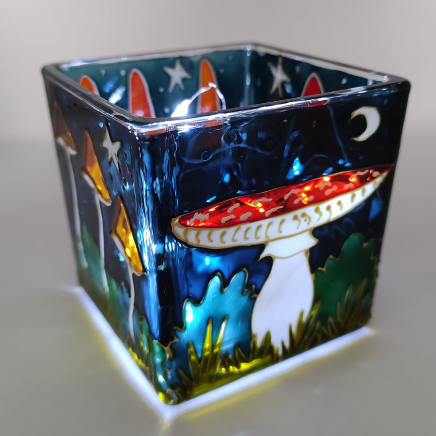 Candle holder, hand painted glass, mushrooms and toadstools 