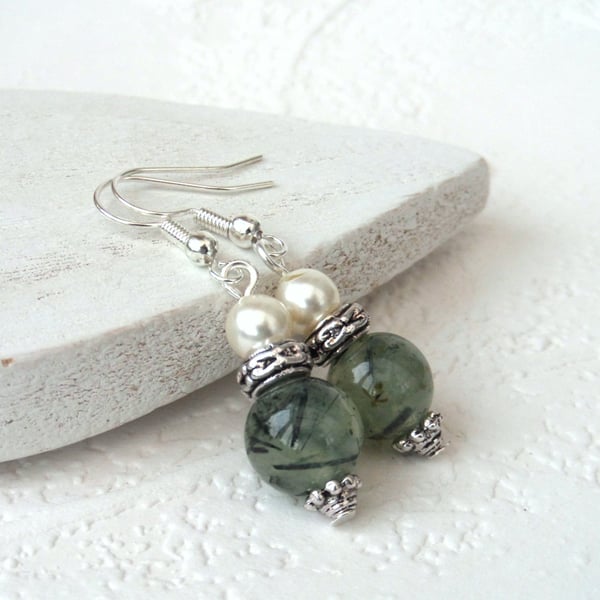 Prehnite dangly earrings with crystal pearl by Swarovski