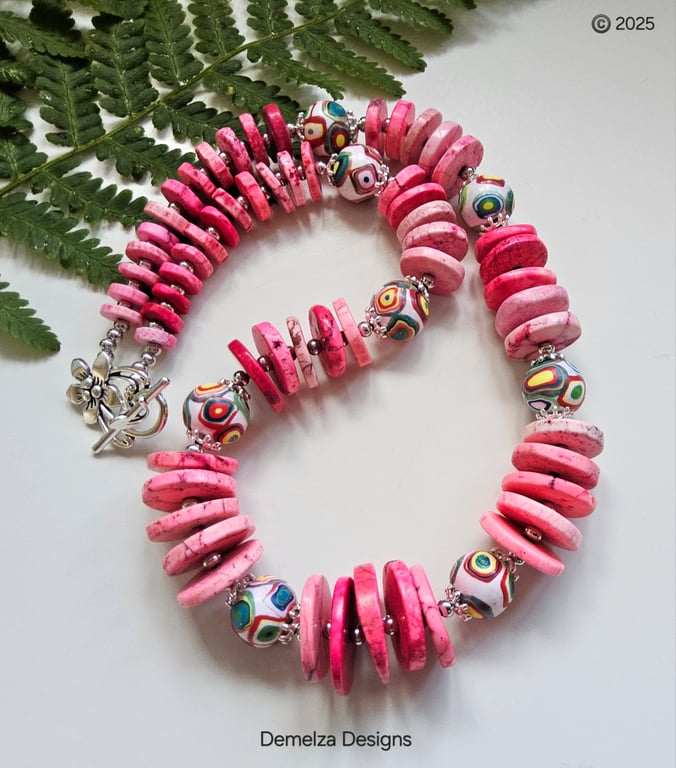 Pink Howelite & Hand Made Polymer Clay Bead Necklace 