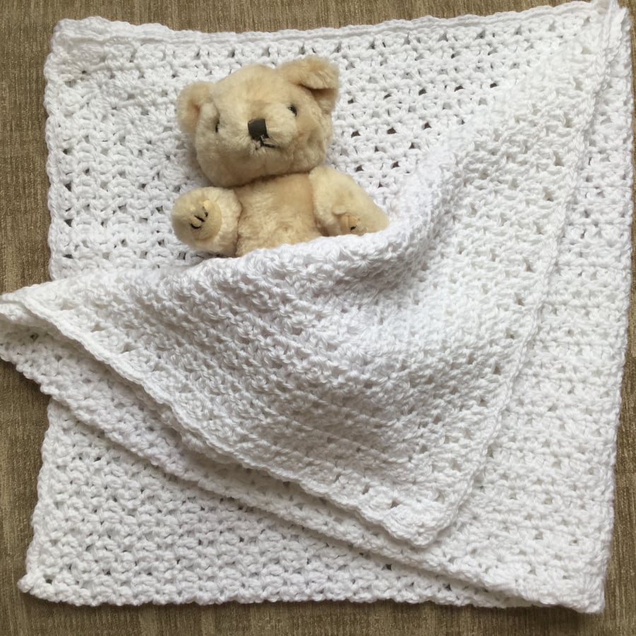 Crochet Baby Blanket in White Soft Cotton