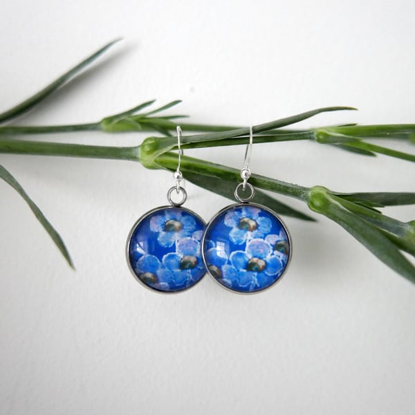 Blue Flowers Dangle Earrings, Floral Art Jewellery, 