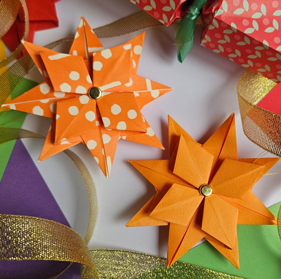 Two Origami Christmas Stars: Hanging Decorations (Orange)