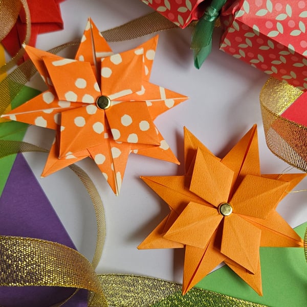 Two Origami Christmas Stars: Hanging Decorations (Orange)