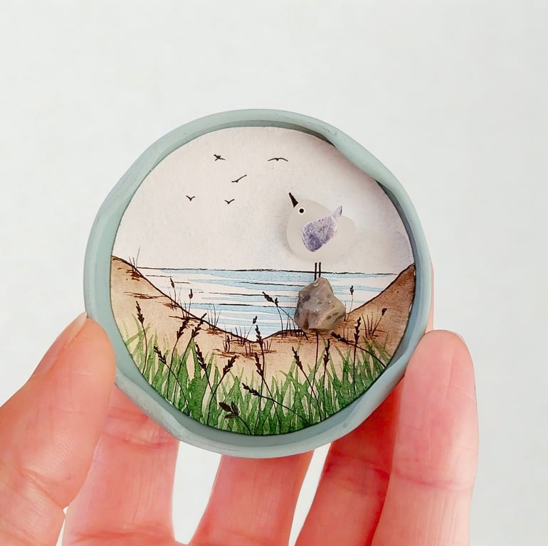 Handmade Seagull Fridge Magnet, Mini Sea Glass Watercolour Sustainable Art