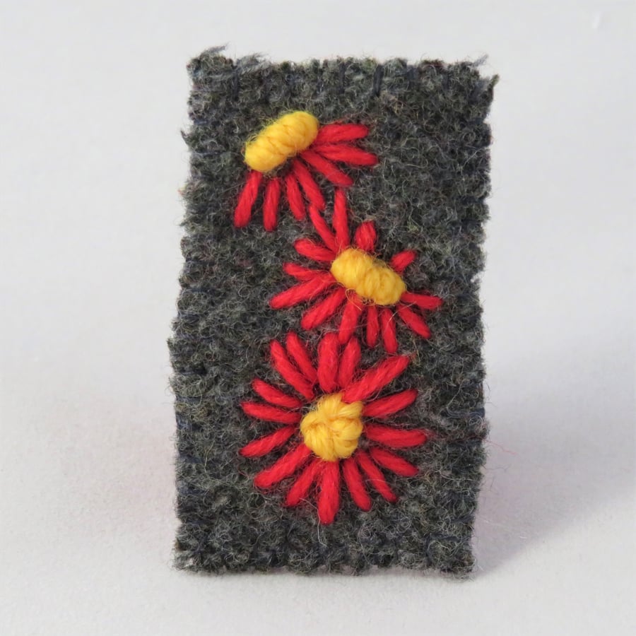 Brooch - Red daisies embroidered on recycled felted brown tweed