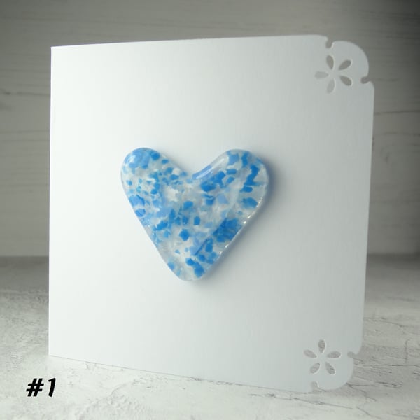 Handcrafted blue speckled heart fused glass blank card (1)