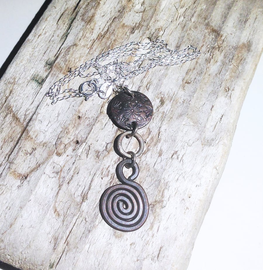  Handmade Antiqued Copper and Sterling Silver Pendant Necklace - UK Free Post