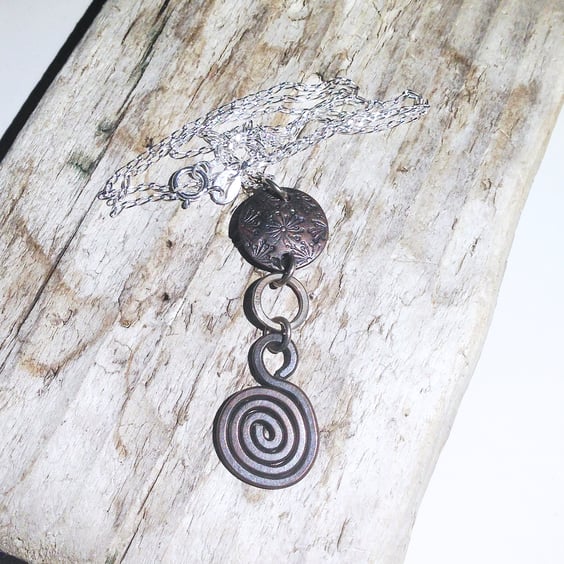  Handmade Antiqued Copper and Sterling Silver Pendant Necklace - UK Free Post