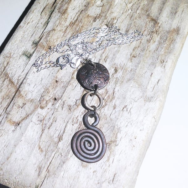  Handmade Antiqued Copper and Sterling Silver Pendant Necklace - UK Free Post