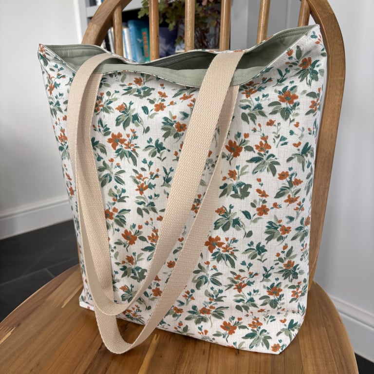 Long handle tote bag, shopping bag, autumn colours floral print and green lining