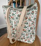 Long handle tote bag, shopping bag, autumn colours floral print and green lining