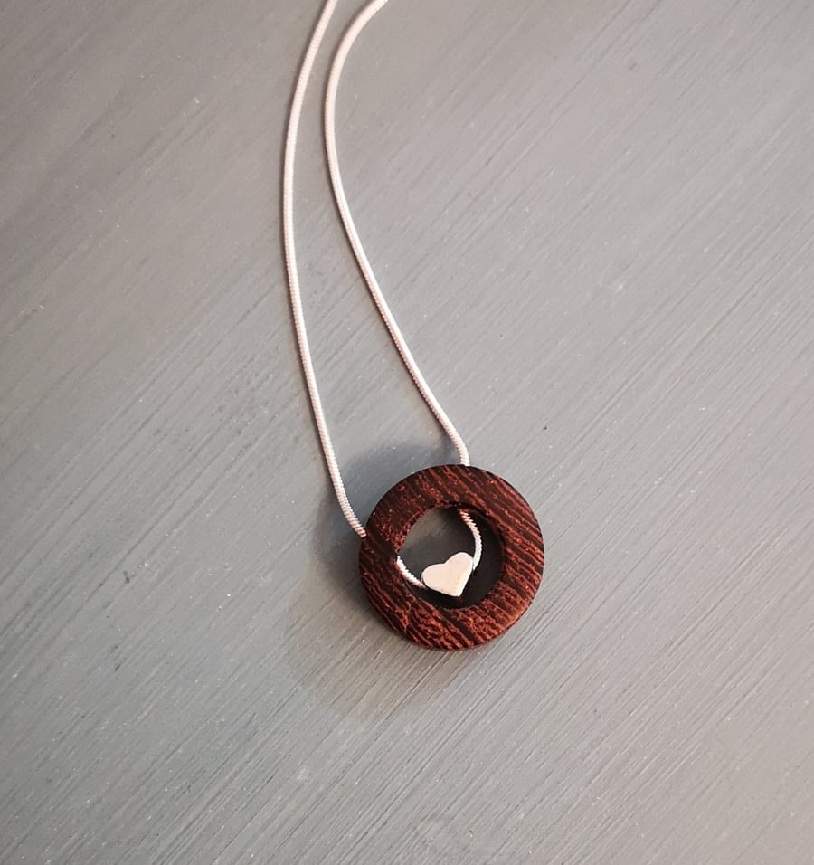 WOOD AND SILVER HEART CHARM PENDANT