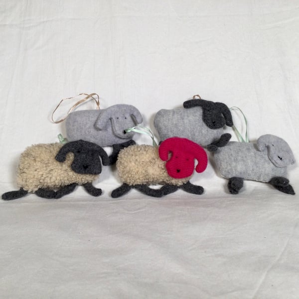 5 Mini Hanging Sheep Ornaments – Handmade from Recycled Wool.
