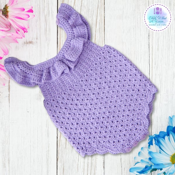 Lilac ruffle crochet baby romper. Ruffled romper.  Age 0-6 months