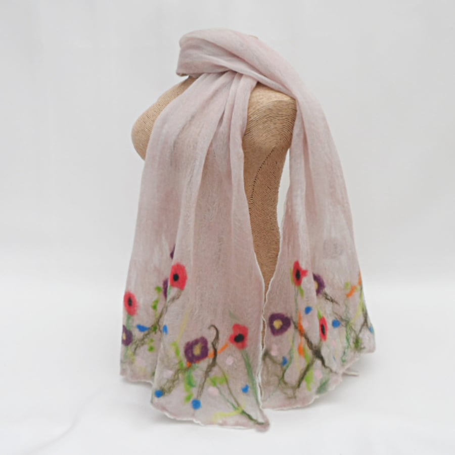 Nuno felted floral mink coloured silk scarf