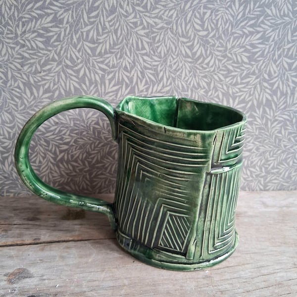 Bottle green abstract zen coffee cup, geometric rustic tea mug