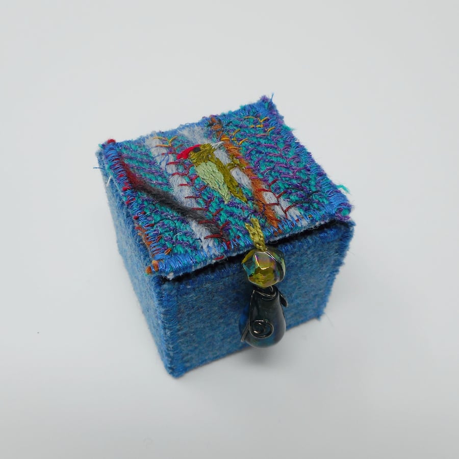 Sold. Woodpecker - Handmade textile keepsake box with embroidery