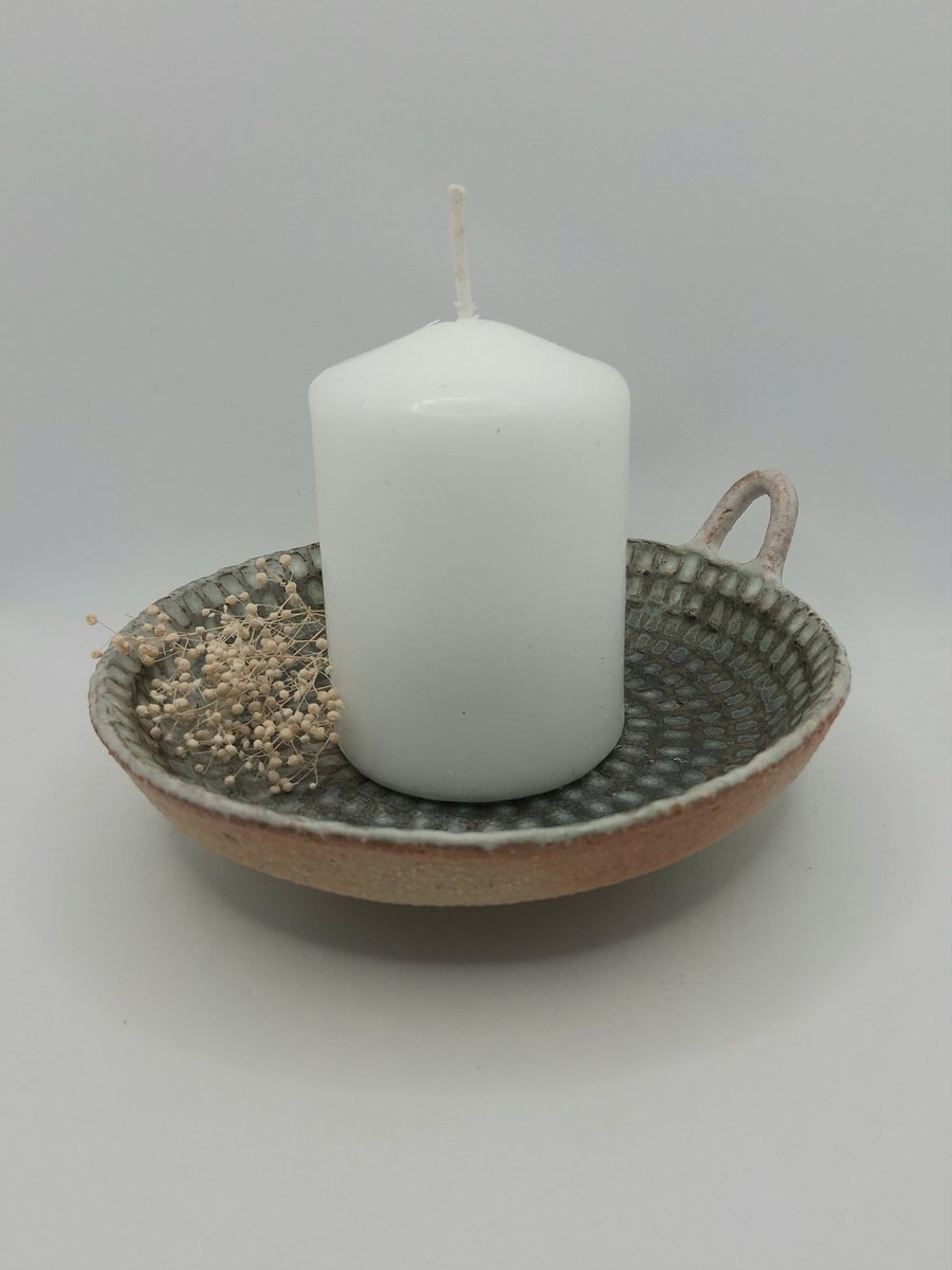 Hand-built stoneware pottery candle dish in deep sea green