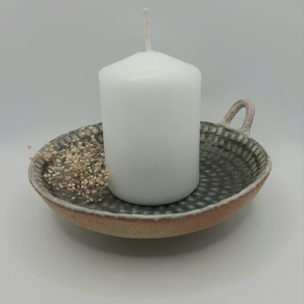 Hand-built stoneware pottery candle dish in deep sea green
