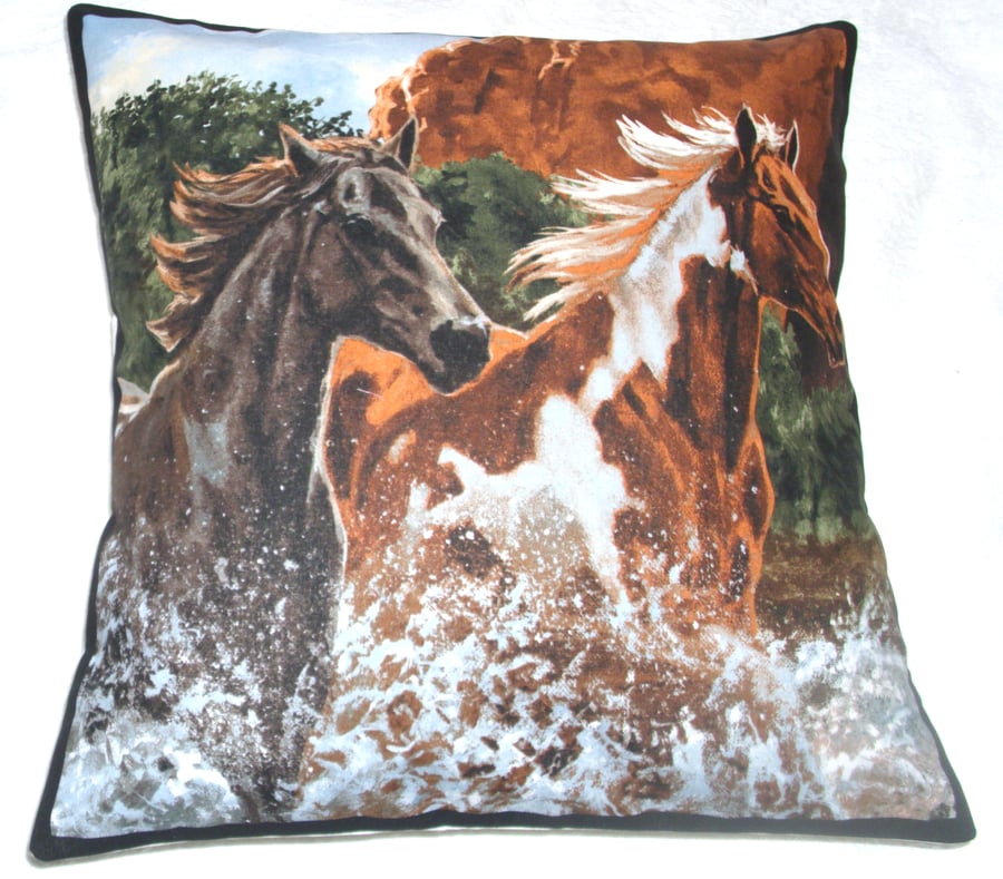  Two Wild horses  trotting through a  river cushion