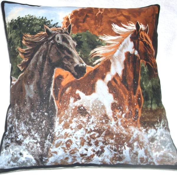  Two Wild horses  trotting through a  river cushion