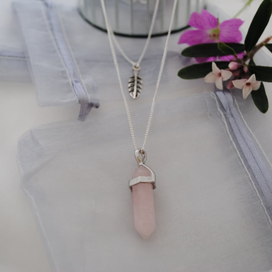 Rose Quartz & silver leaf layering chakra necklace