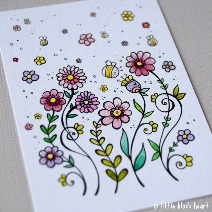 little blooms and bees - original aceo