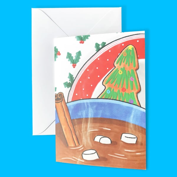 Hot Chocolate and Christmas Tree Gingerbread Illustration A6 Card