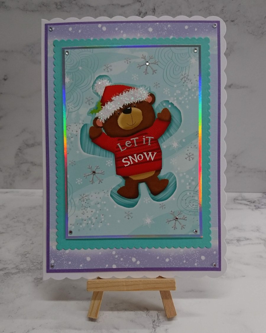Handmade Christmas Card Let it Snow Cute Teddy Bear Snow Angel