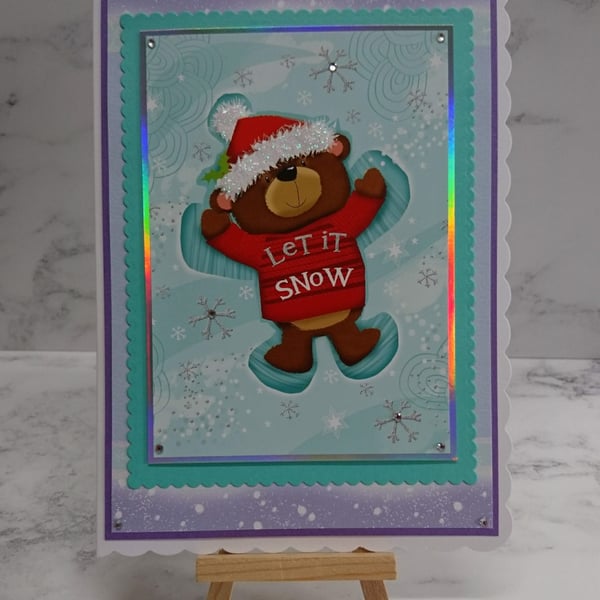 Handmade Christmas Card Let it Snow Cute Teddy Bear Snow Angel